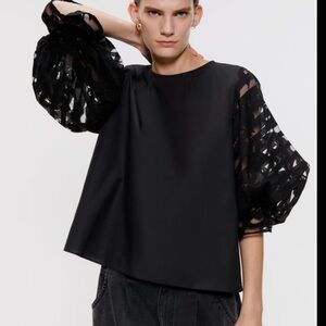 Zara Balloon Sleeve Long Sleeve Black Shirt Top Blouse Size Large
